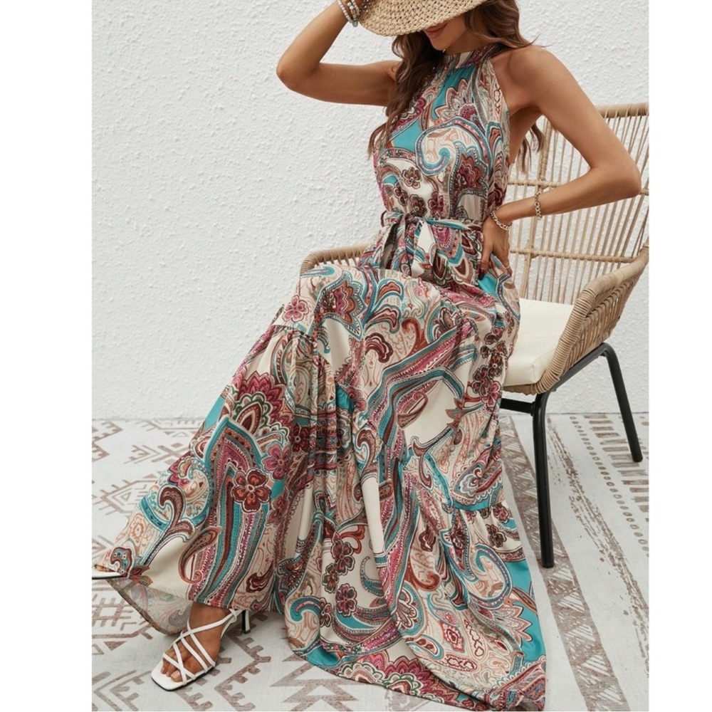 Boho Paisley Print Belted Halter Maxi Dress S M L XL
